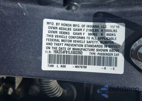 2020 Honda Insight Touring z USA, uszkodzony, nr VIN 19XZE4F91LE003393